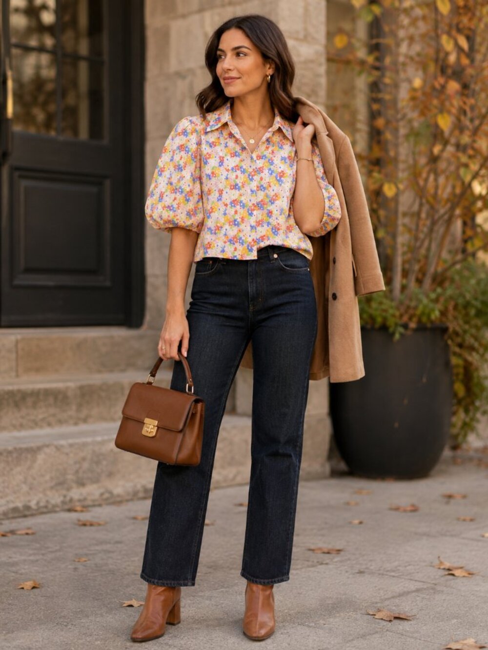 Something Navy NWT Floral Puff Sleeve Button Up Blouse Cream Multi L